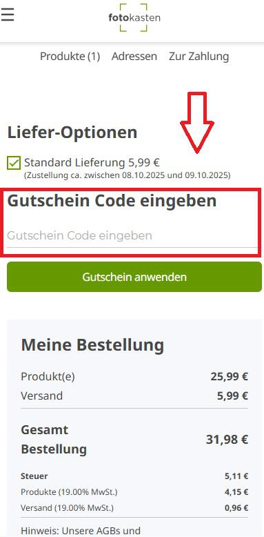 Screenshot von der Bestellübersicht, um deinen Fotokasten Gutschein einzulösen