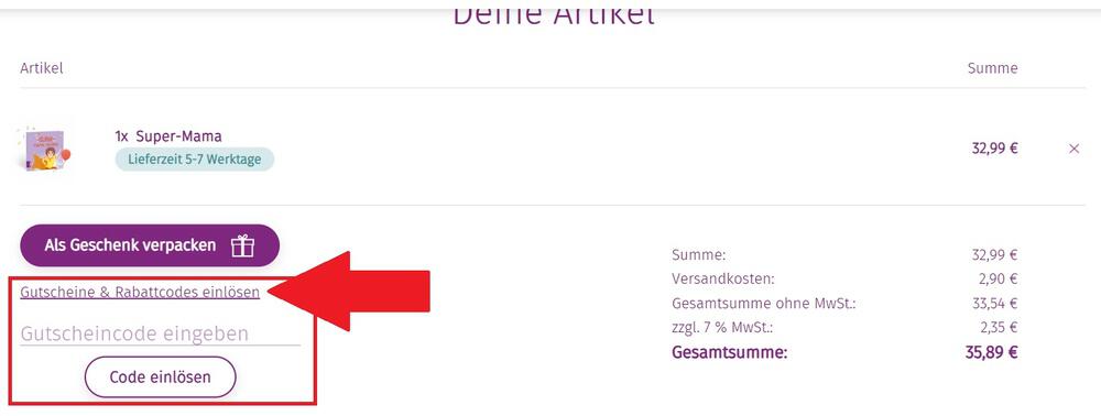 Screenshot vom Eingabefeld für einen framily Guschein im letzten Bestellschritt