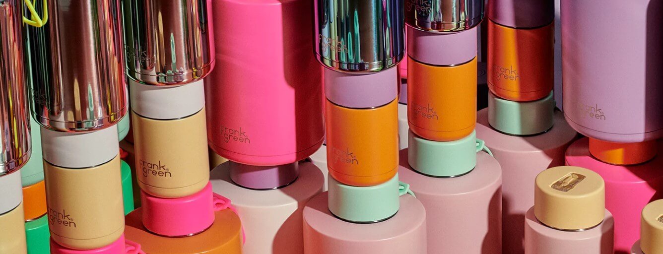 frank green discount page banner showing water bottles in assorted colours