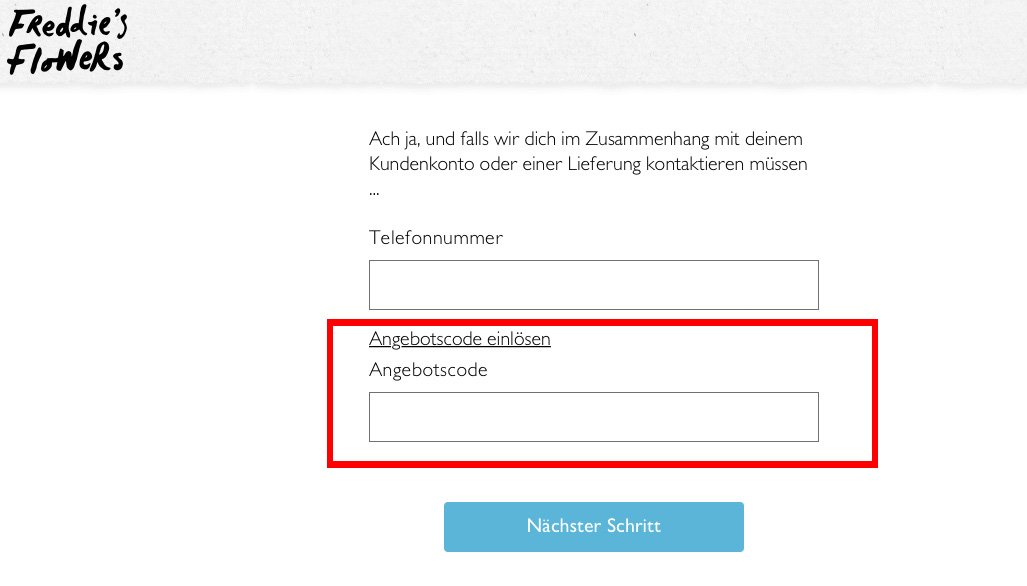 Eingabefeld für Freddie&apos;s Flowers Gutscheincode im Warenkorb