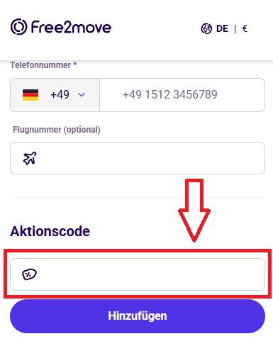 Screenshot vom Eingabefeld mit Hinweis darauf, wo du deinen Free2move Gutschein einlösen kannst
