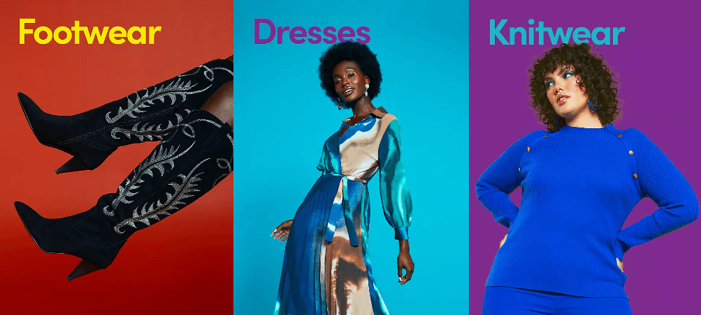 Freemans autumn/winter fashion refresh image featuring 3 images in red, blue and purple showing boots, dresses and knitwear