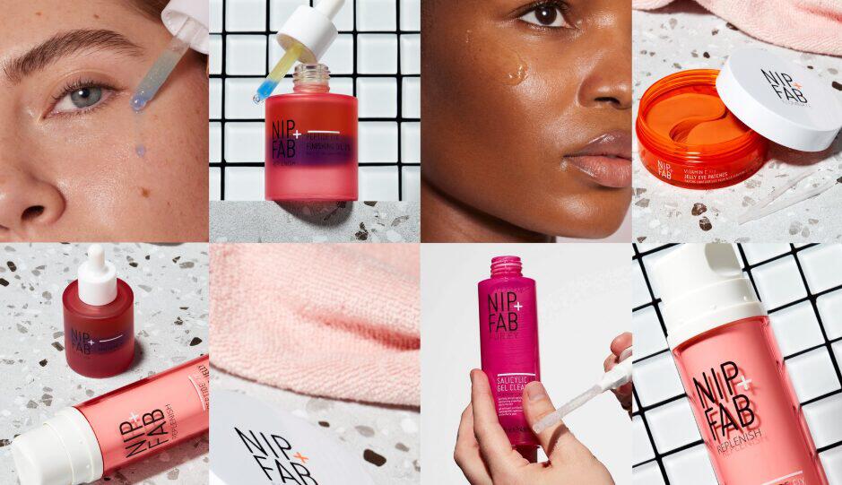 Freeman deals page banner - 8 images showing Nip+Fab beauty products and some close of of them being applied on the faces of women, 901px x 430px