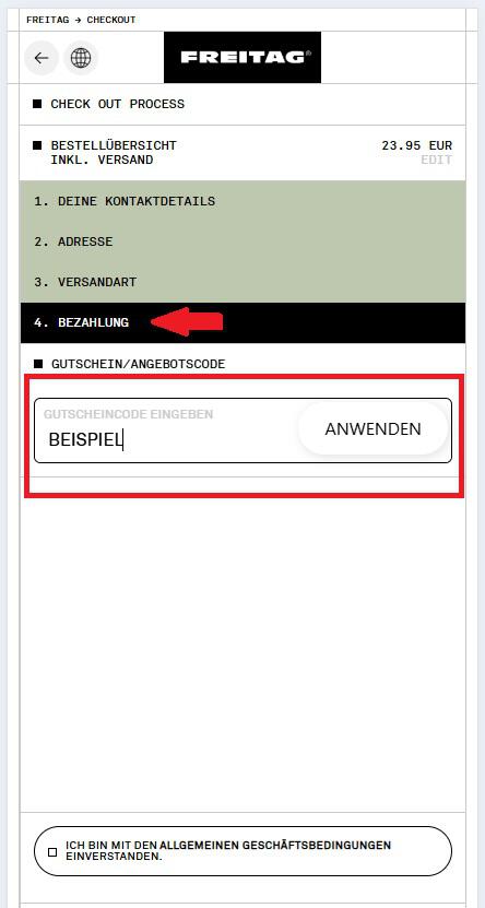 Eingabefeld für einen FREITAG Gutscheincode an der Online-Kasse
