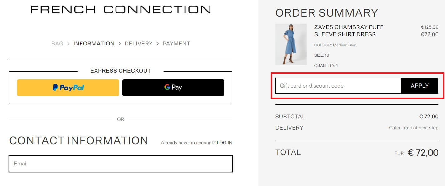 Screenshot vom Checkout-Prozess mit Eingabefeld für Gutscheincodes, wo du deinen French-Connection-Gutschein einlösen kannst
