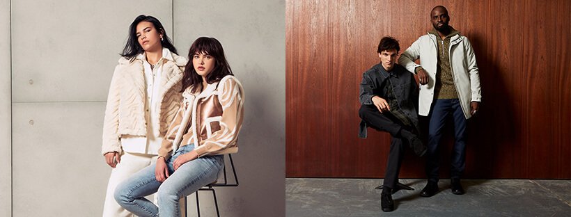 Banner für die French-Connection-Gutscheinseite mit Models in Damenmode und Herrenmode