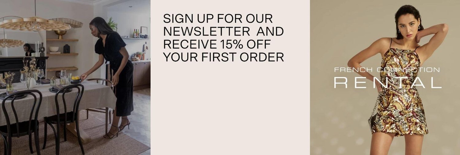 Hinweis auf 15 % Newsletter-Gutschein und den neuen Rental-Service von French Connection
