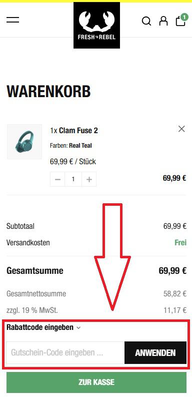Screenshot vom Eingabefeld mit Hinweis darauf, wo du deinen Fresh 'n Rebel Rabattcode einlösen kannst