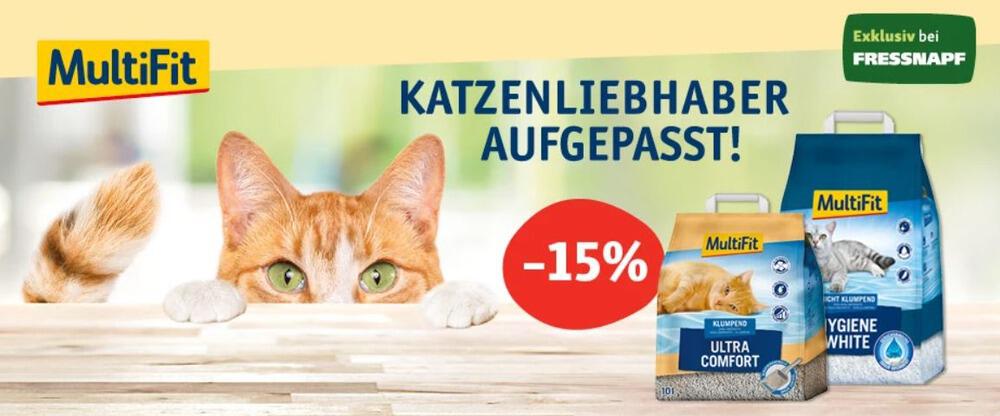 Foto von Katze und zwei Säcken Katzenstreu mit 15 % Rabattmarkierung als Banner für die Fressnapf Gutscheinseite