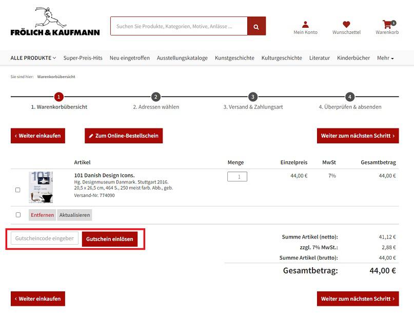 Screenshot aus dem Warenkorb mit Hinweis darauf, wo du den Frölich und Kaufmann Gutschein einlösen kannst