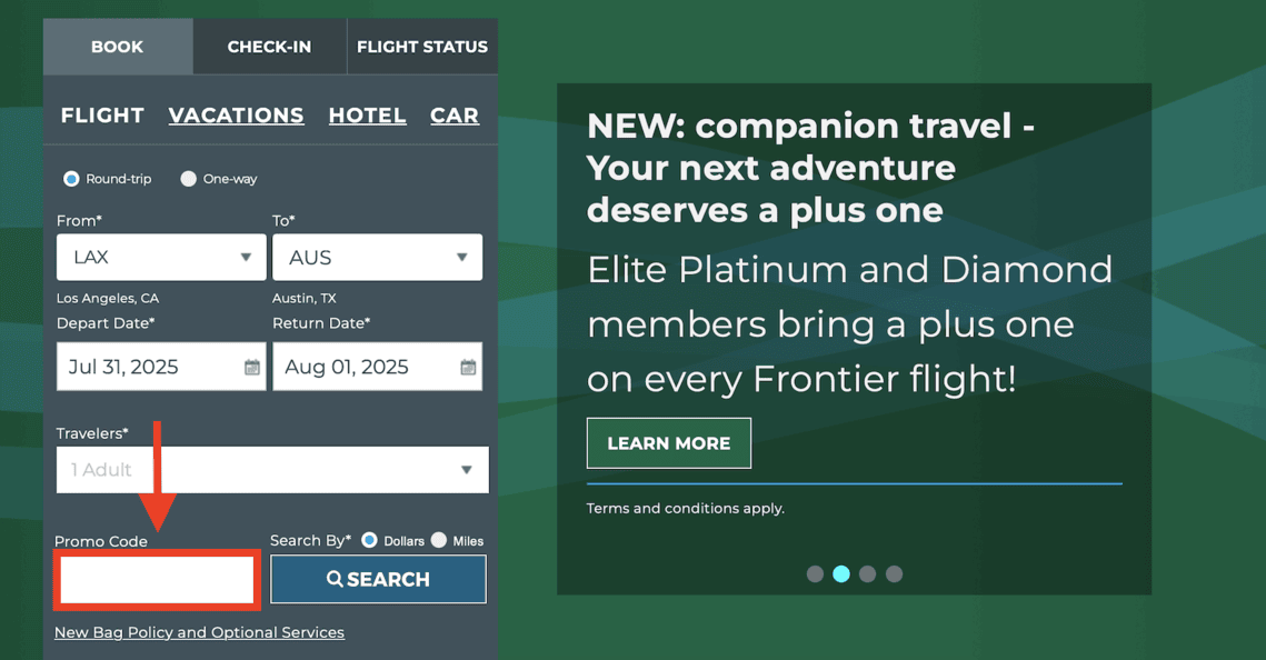 red arrow pointing to frontier airlines promo code box