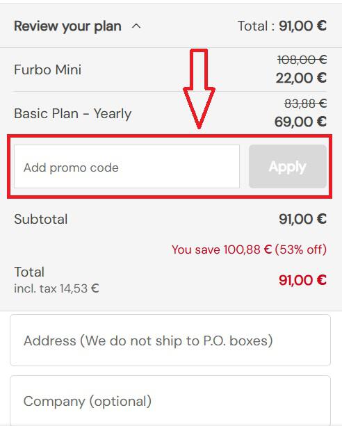 Furbo Gutschein Eingabefeld
