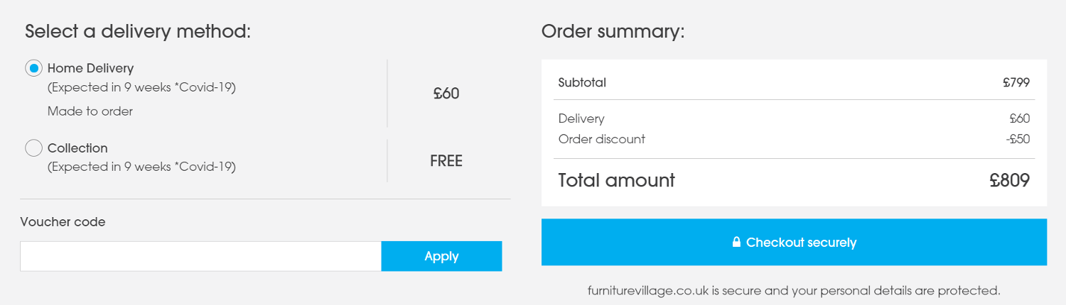 furniture village discount code box on the checkout page
