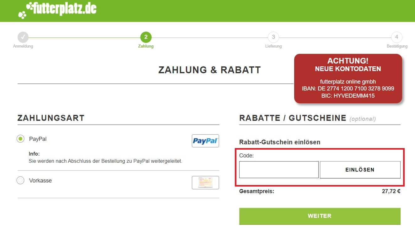 Eingabefeld zum Einlösen vom Futterplatz Gutschein beim Bestellvorgang