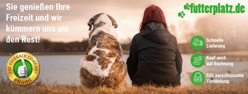 Banner der Seite für Futterplatz Gutscheine mit Foto von Mensch und Hund und Aufführung der futterplatz.de Vorteile schnelle Lieferung, Kauf auch auf Rechnung und SSL verschlüsselte Verbindung