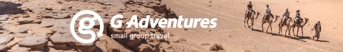 G Adventures banner featuring a camel trek through the desert