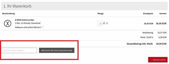Eingabefeld für G Data Gutscheine im Warenkorb