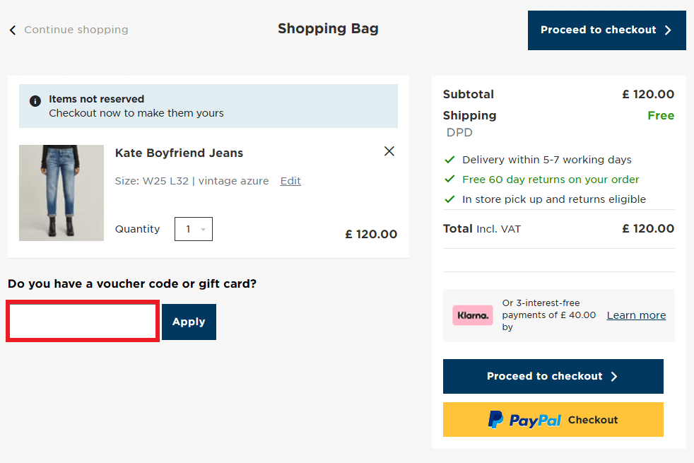 G-Star discount code redemption area in shopping cart