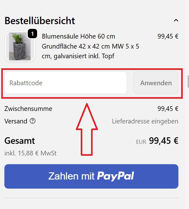 Screenshot vom Eingabefeld mit Hinweis darauf, wo du deinen Gabiona Gutschein einlösen kannst