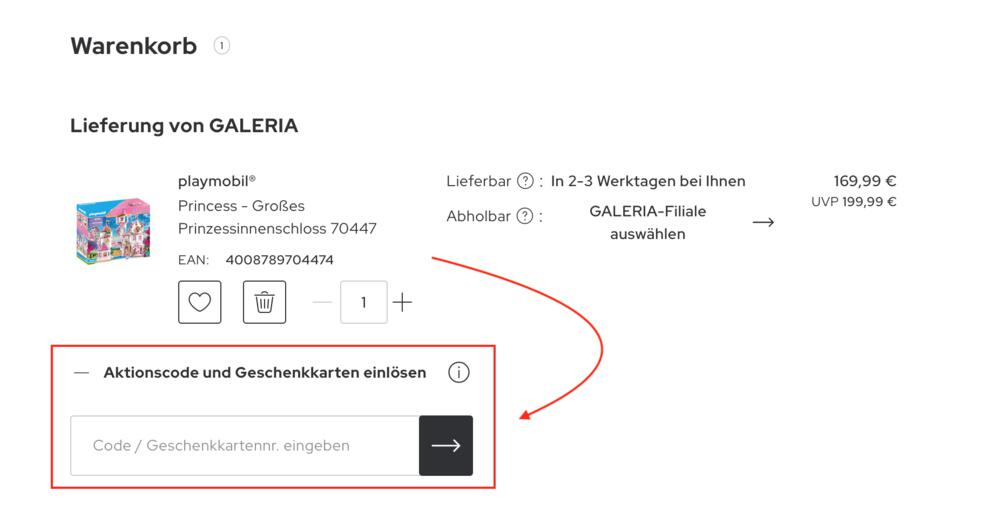 Warenkorb-Screenshot mit Eingabefeld für deinen Galeria Gutschein