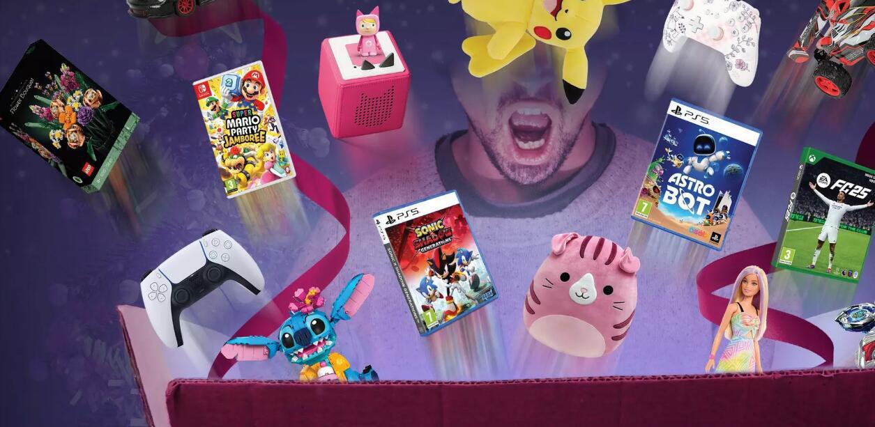 Game christmas banner - A man with shocked to an exploading box of GAME products like video games and toys