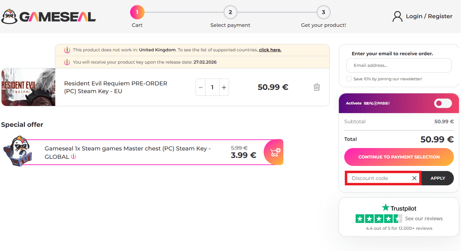 Gameseal discount code box during checkout image