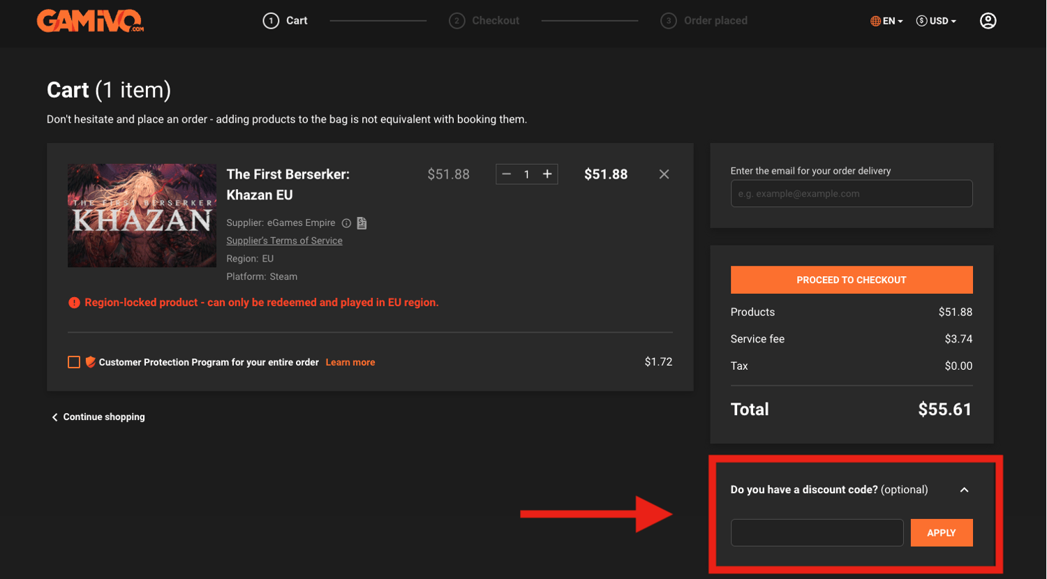 Gamivo discount code box on checkout page