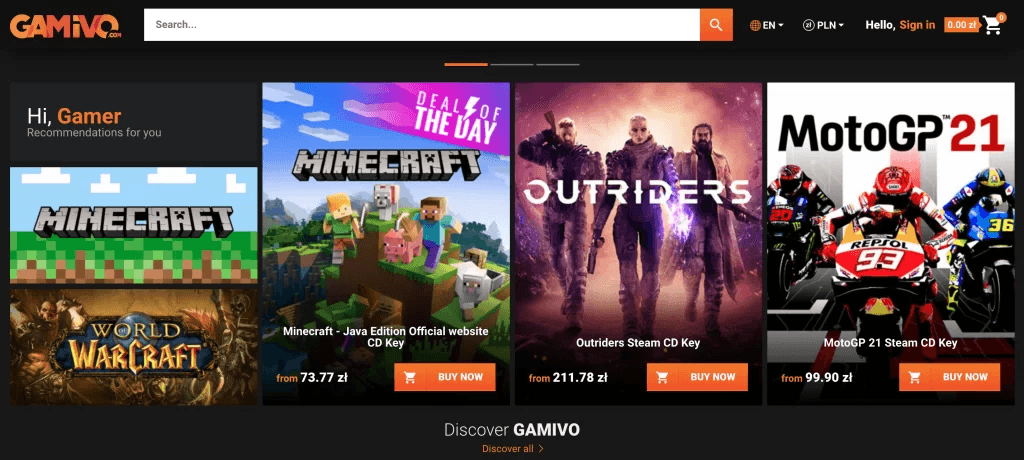 GAMIVO Minecraft games list on website