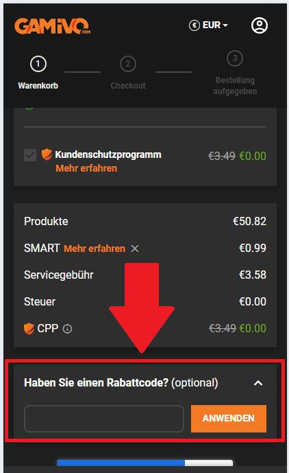 Screenshot vom Eingabefeld für den GAMIVO Rabattcode