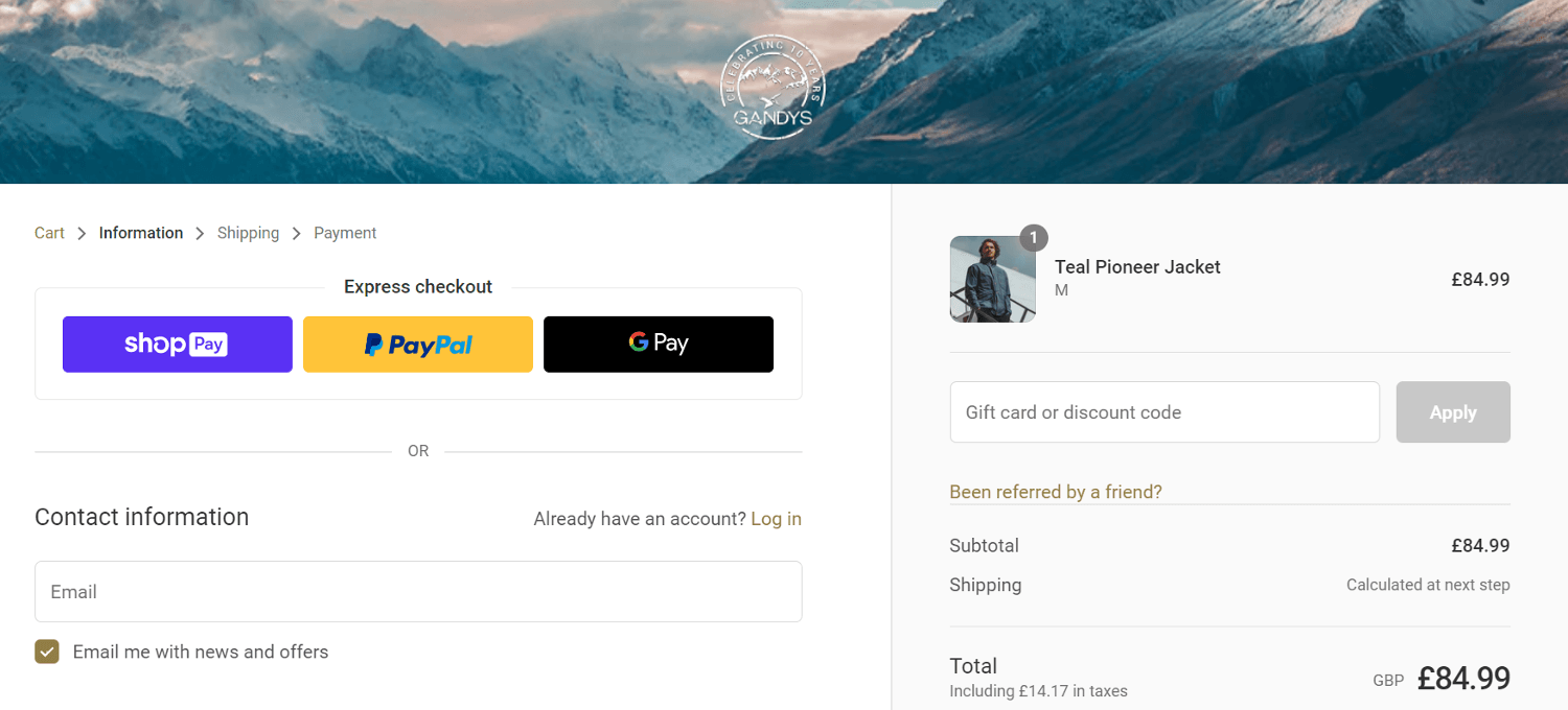 Gandys discount code box - checkout