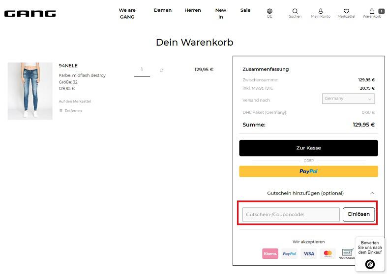 Screenshot aus dem Warenkorb mit Hinweis darauf, wo du den Gang Gutschein einlösen kannst