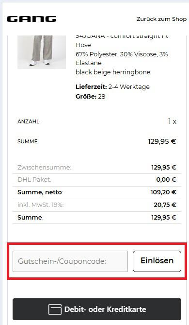 Screenshot aus dem Warenkorb mit Hinweis darauf, wo du den Gang Gutschein einlösen kannst