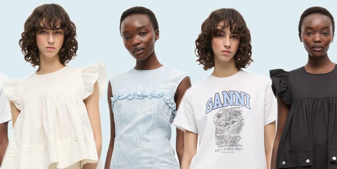 ganni offers page banner showing the same two women wearing multiple different outfits against a blue backdrop
