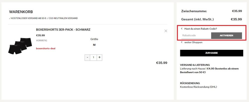 Warenkorbansicht mit Eingabefeld, wo du den Garcia Gutschein einlösen kannst
