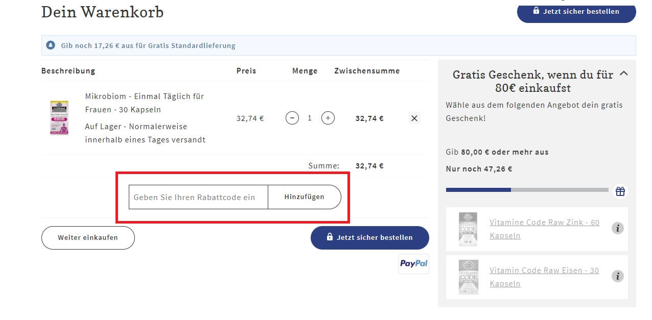 Eingabefeld für einen Garden of Life Gutschein im Online Shop