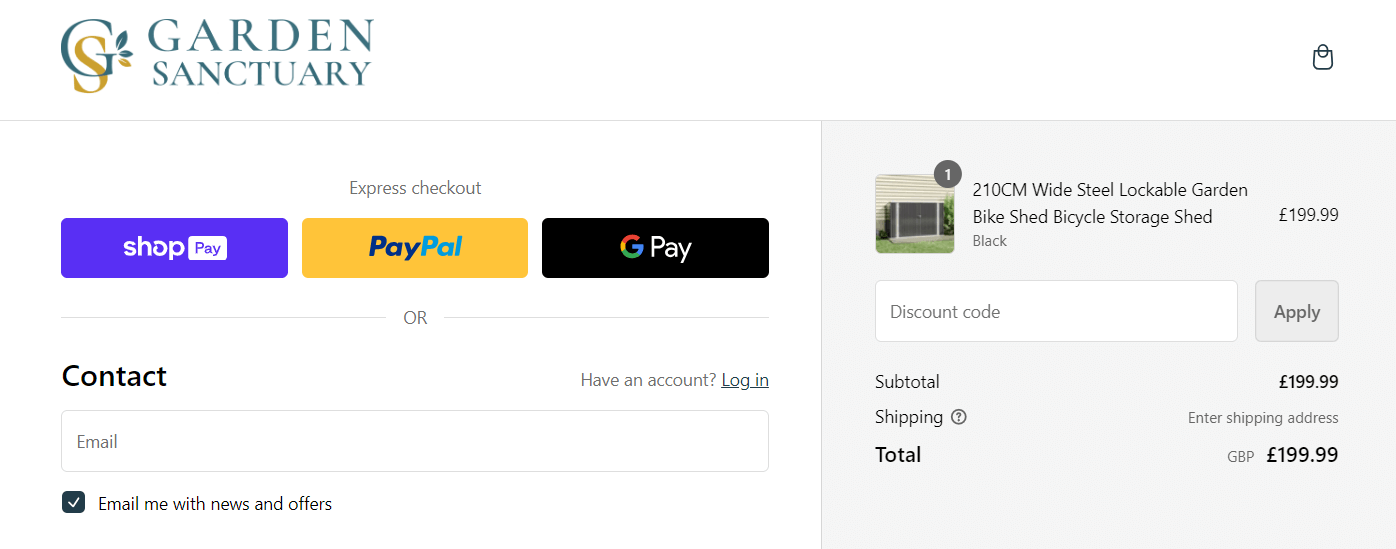The Garden Sanctuary discount code application box in the checkout portal