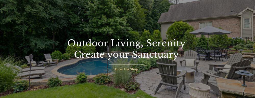 Screengrab of the Garden Sanctuary website home page with garden design. Text reads: Outdoor living, Serenity, Create your sanctuary