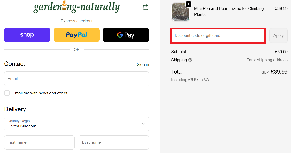 Gardening Naturally discount code box during checkout