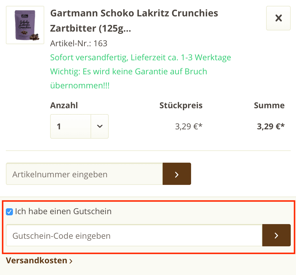 Eingabefeld für den Gartmann Gutschein im Warenkorb