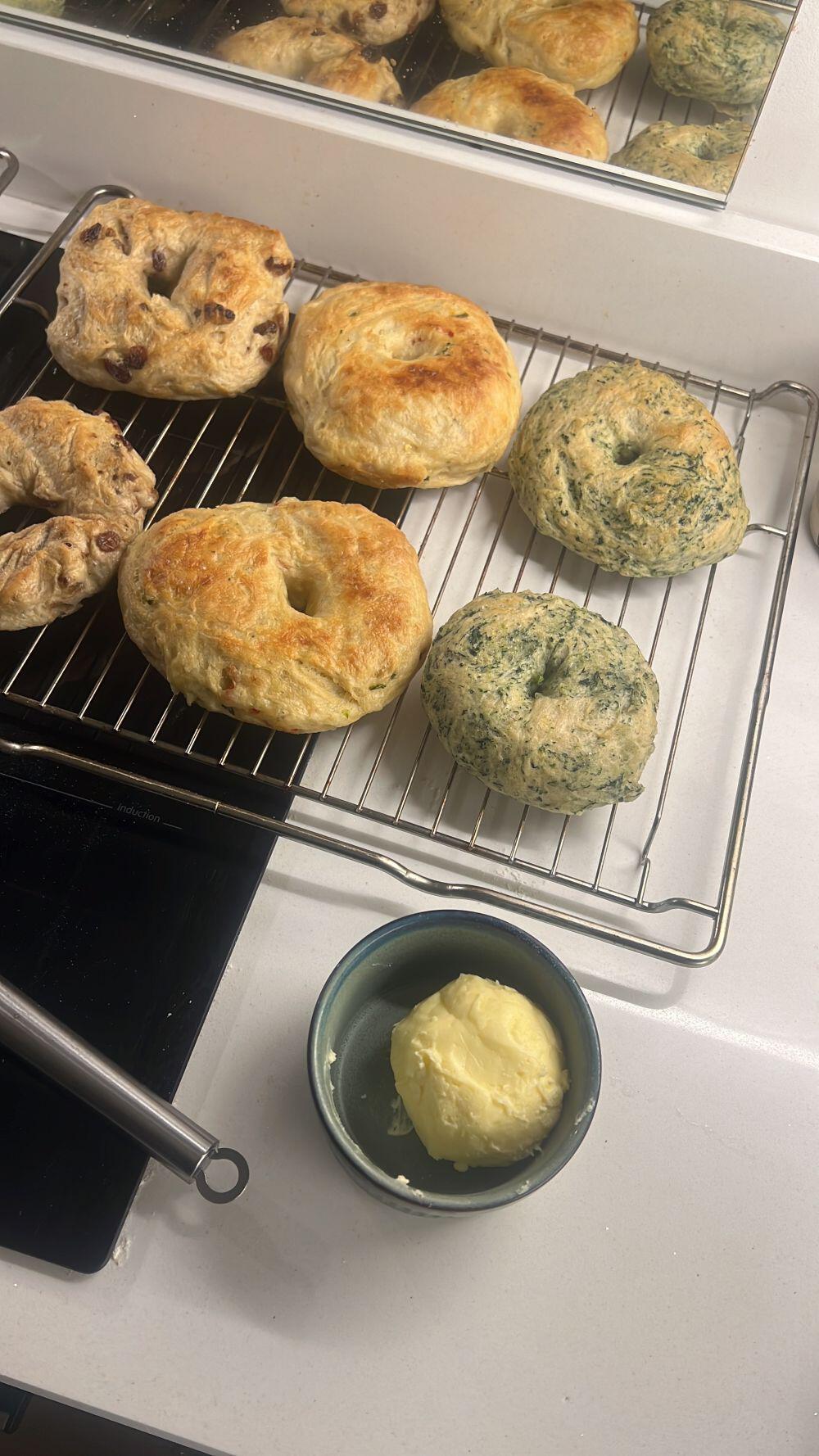 Six home cooked bagels in three different types