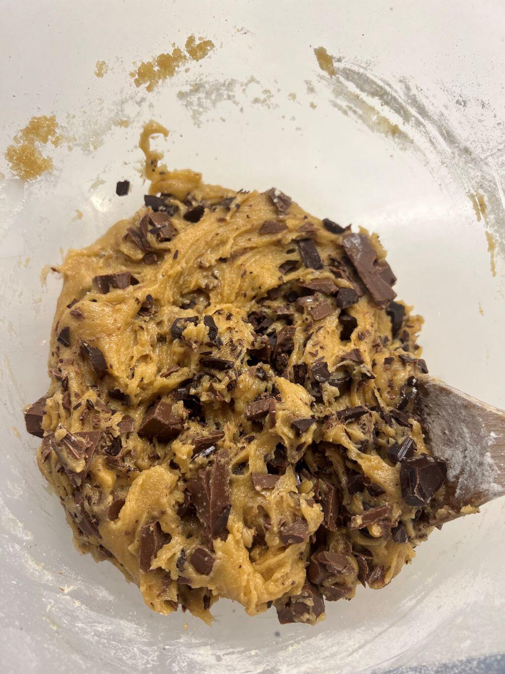 Mixed uncooked batter for brown butter chocolate cookies