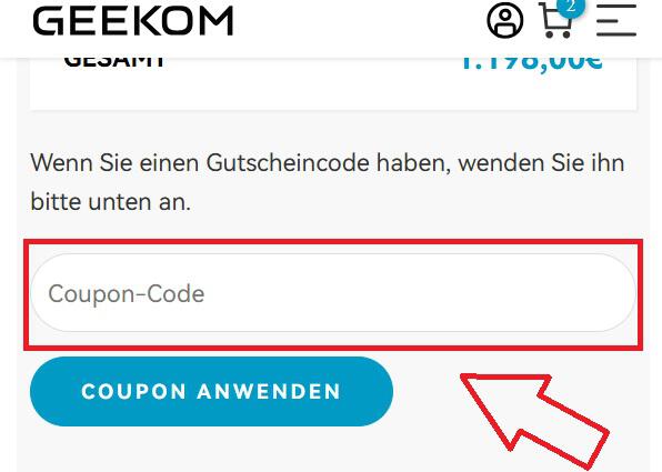 Screenshot vom Eingabefeld mit Hinweis darauf, wo du deinen Geekom Gutschein einlösen kannst