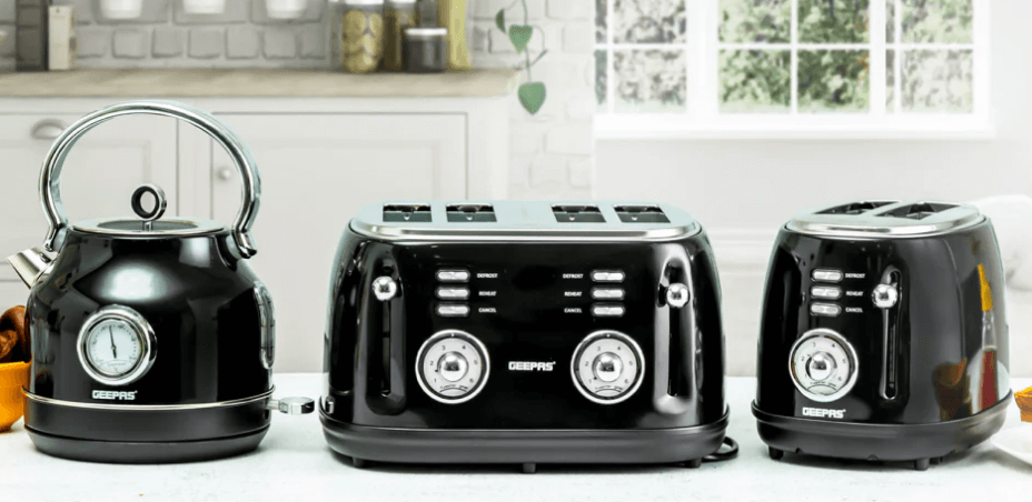 Geepas kettle and two different toaster on a kitchen counter