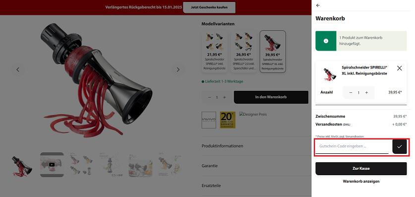 img: gefu-gutschein-einloesen / alt: Screenshot aus dem Warenkorb mit Hinweis darauf, wie du den GEFU Gutschein einlösen kannst.