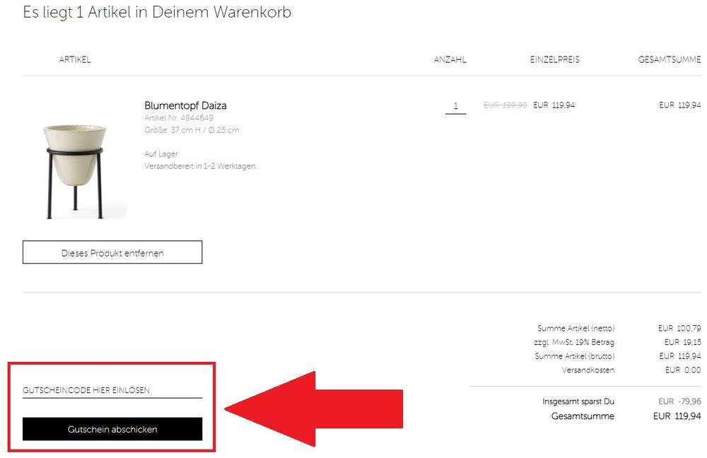 Screenshot vom Eingabefeld für einen Geliebtes Zuhause Gutschein im Warenkorb
