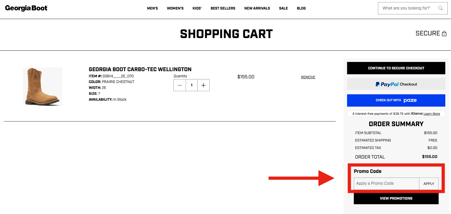 Georgia Boot promo code box on checkout page