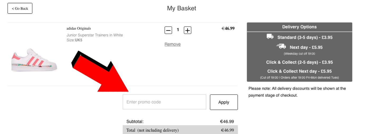 Get The Label Warenkorb mit Eingabefeld für einen Promo Code