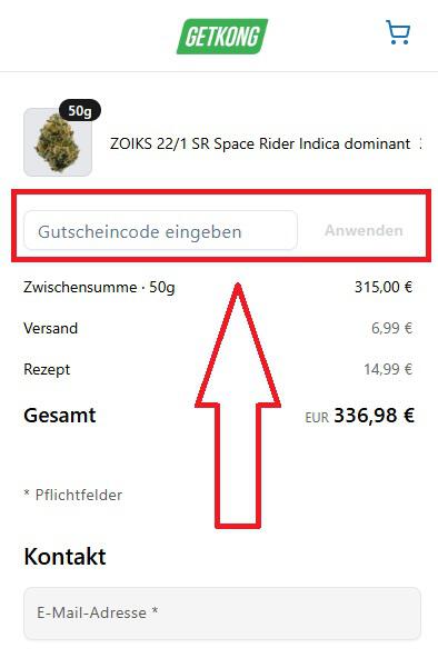 Screenshot vom Eingabefeld mit Hinweis darauf, wo du den GetKong Gutschein einlösen kannst