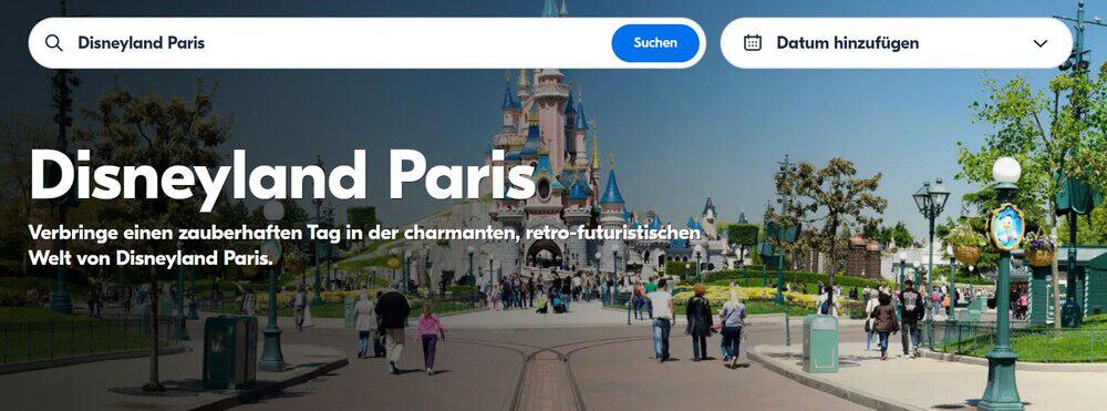 über GetYourGuide Disneyland Paris Tickets buchen – Screenshot der Suchmaske mit Disney Märchenschloss im Hintergrund