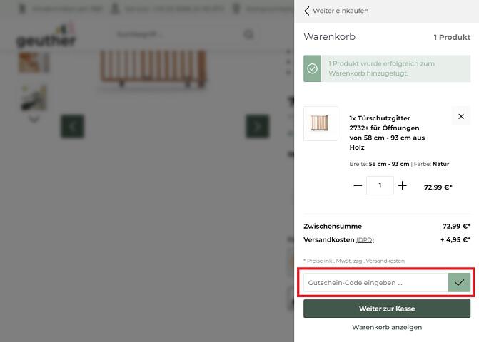 Screenshot aus dem Warenkorb mit Eingabefeld für Geuther Gutschein